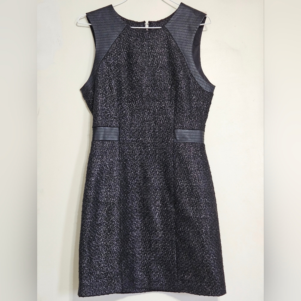 VTG Bebe Metallic Silver Tweed Faux Leather Panel Zip Sheath Dress Size 6 y2k ​